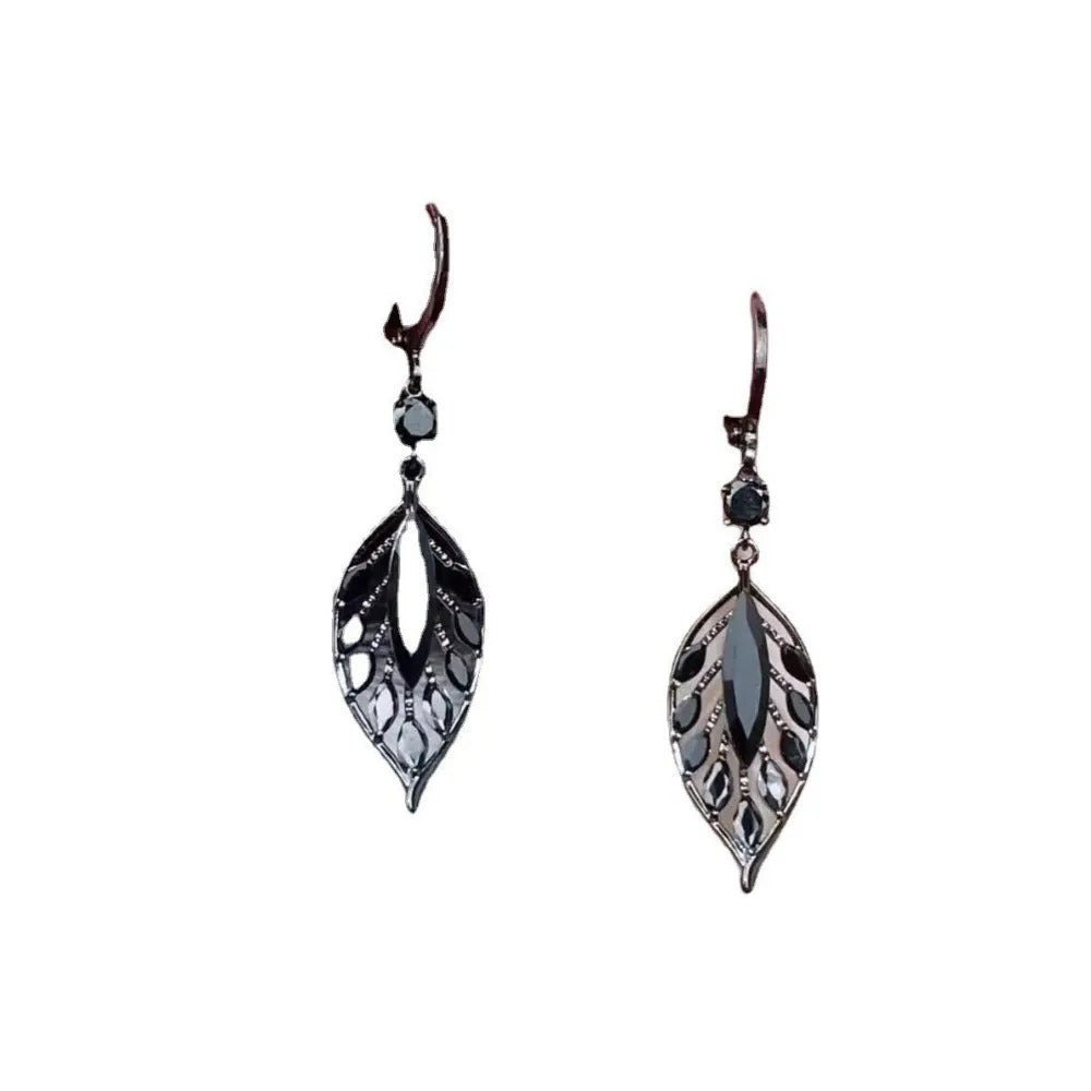 Retro Black Hollow Crystal Leaf Drop Earrings Korean Dangle Jewelry