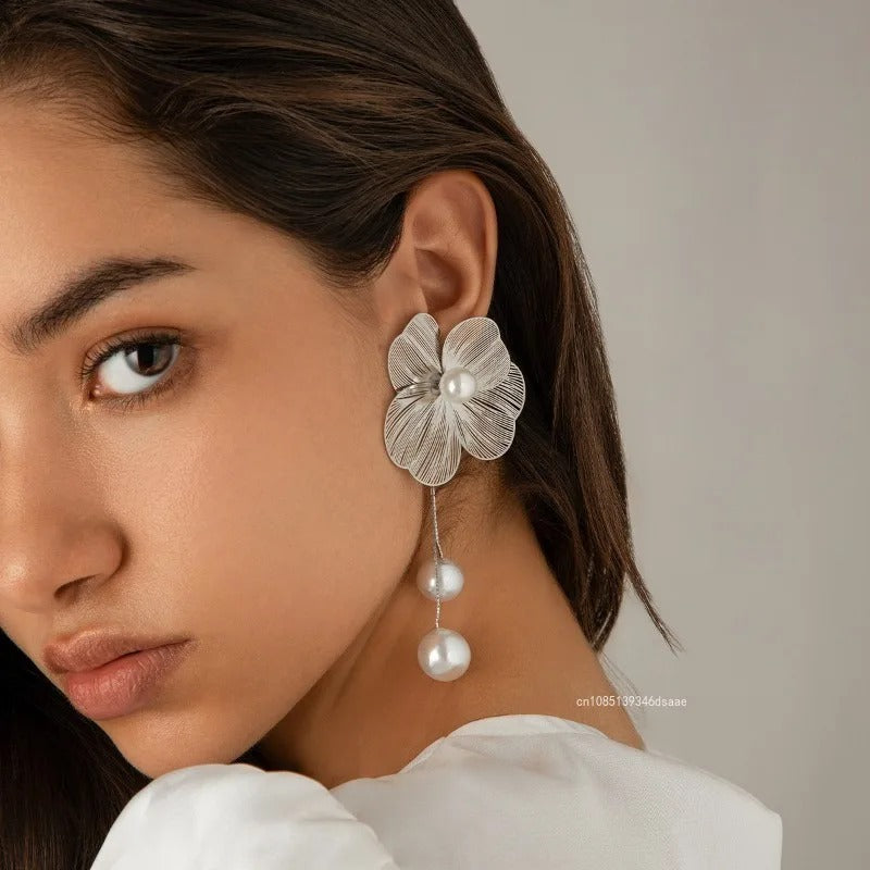 Flower Petal Tassel Earrings Women Long Imitation Pearl Jewelry