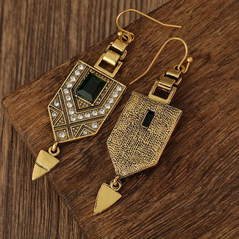 Fashion Green Glass Crystal Rhinestone Dangle Women Ancient Gold Color Wear Ear Band Long Tassel Earrings