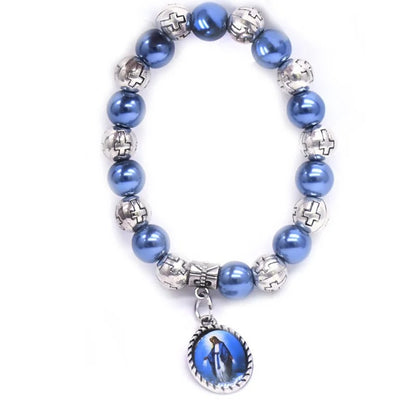 Virgin Pendant Rosary Bracelets Elastic Plastic Pearl Beads Strand Religious Jewelry