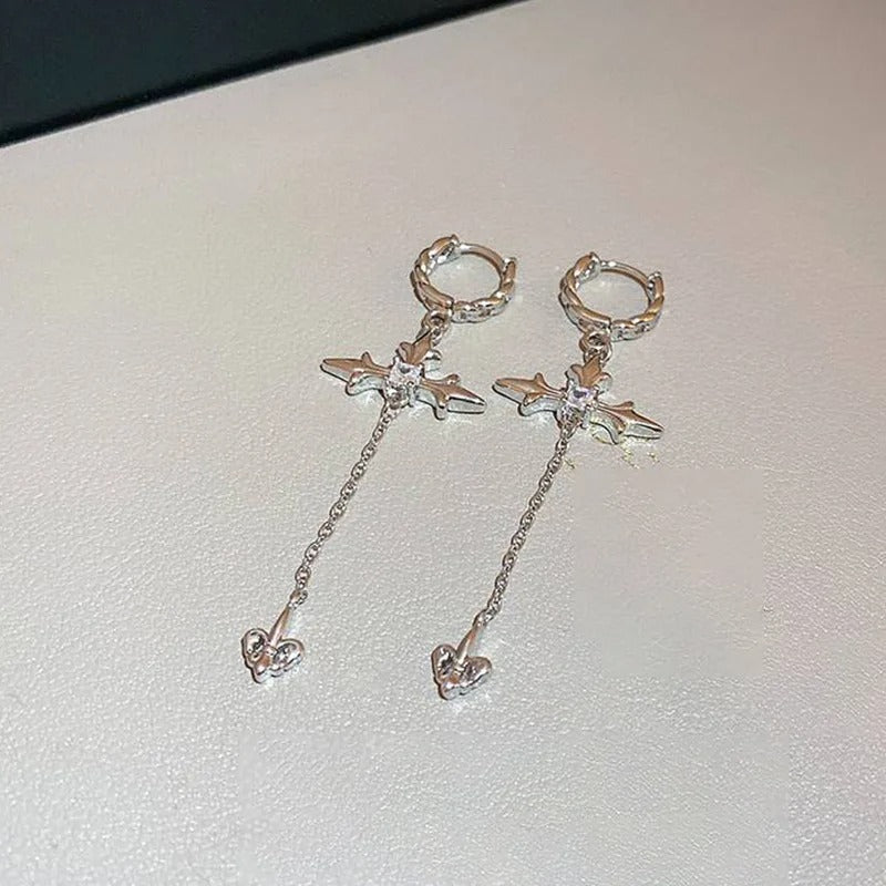 Cool Cross Earrings Rhinestone Zircon Long Tassel Y2K Jewelry for Girls