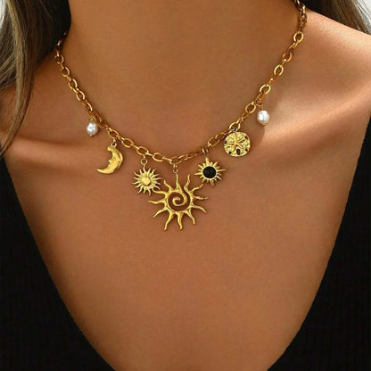 Glamorous Gold Chunky Chain Necklace with Heart Sun Moon Pearl Charms