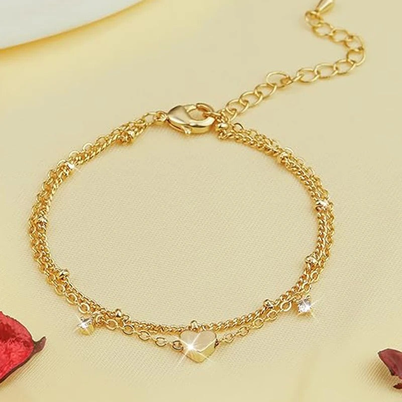 14K Gold Plated Love Heart Bracelet Women’s CZ Stainless Steel Jewelry