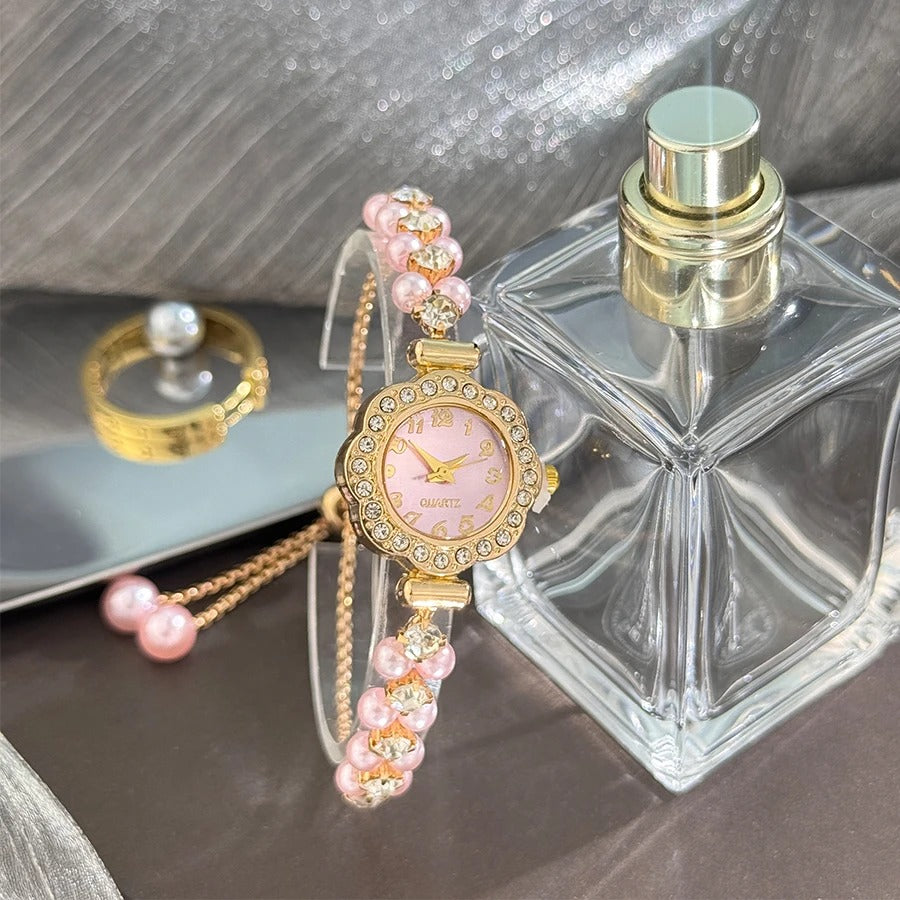 Elegant Double Row Pearl Bracelet Women’s Quartz Watch with Diamond Studded Case