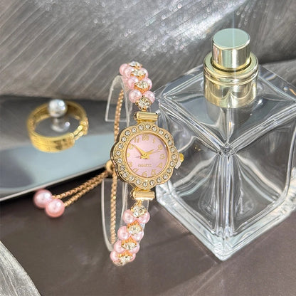Elegant Double Row Pearl Bracelet Women’s Quartz Watch with Diamond Studded Case