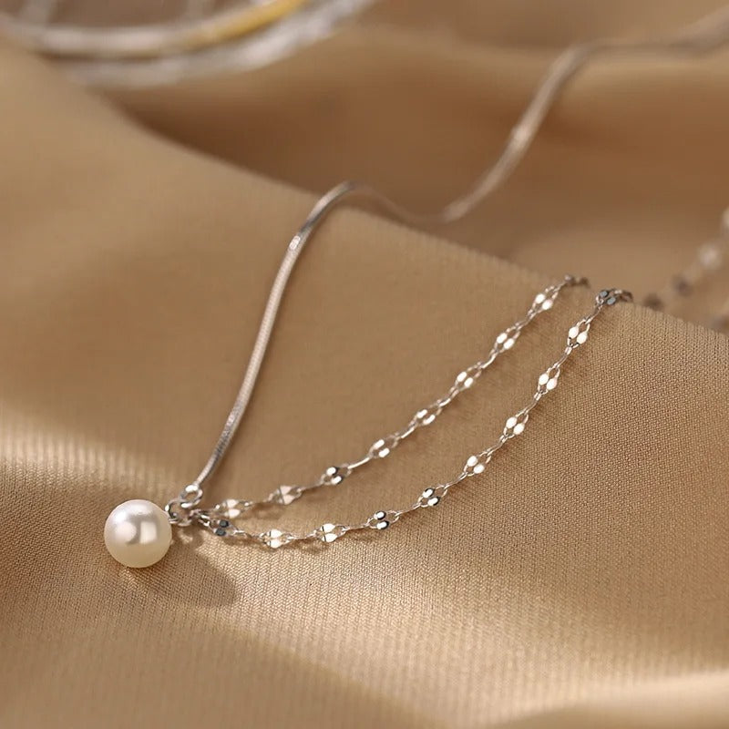 925 Sterling Silver Double Layered Pearl Necklace With Sparkling Temperament Asymmetrical Chain Necklace Fashionable Jewelry ﻿