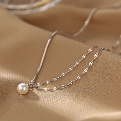 925 Sterling Silver Double Layered Pearl Necklace With Sparkling Temperament Asymmetrical Chain Necklace Fashionable Jewelry ﻿