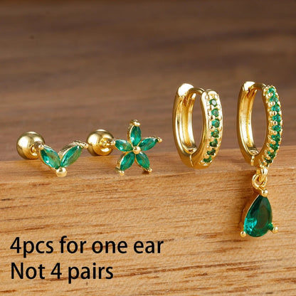 4-Pc 18K Gold Plated Cubic Zirconia Flower Hoop Earrings for Women