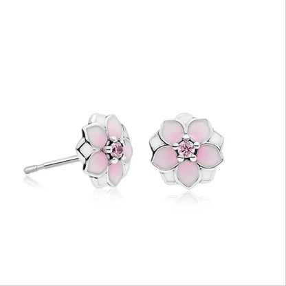 New Magnolia Flower 925 Sterling Silver Stud Earrings Women