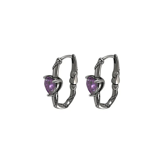 925 Sterling Silver Heart Hoop Earrings with Purple Zircon Women