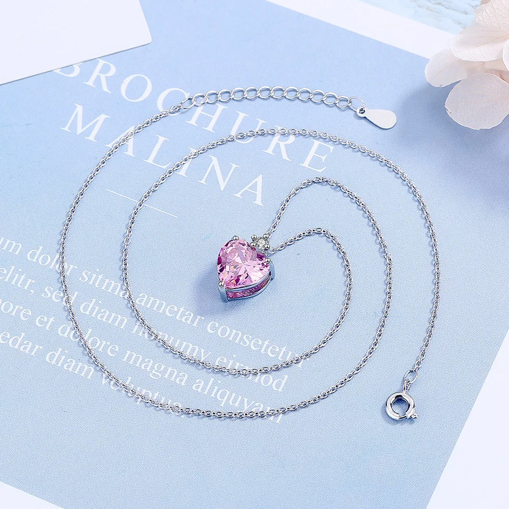Luxury Heart Pink Zircon Necklace Women’s Sterling Silver Chain