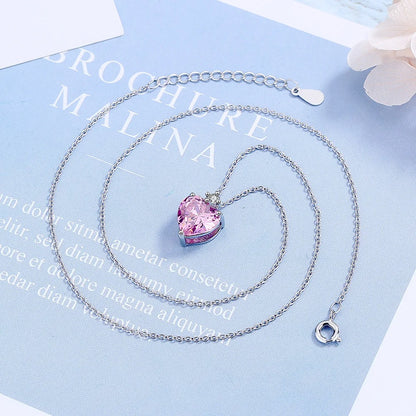 Luxury Heart Pink Zircon Necklace Women’s Sterling Silver Chain