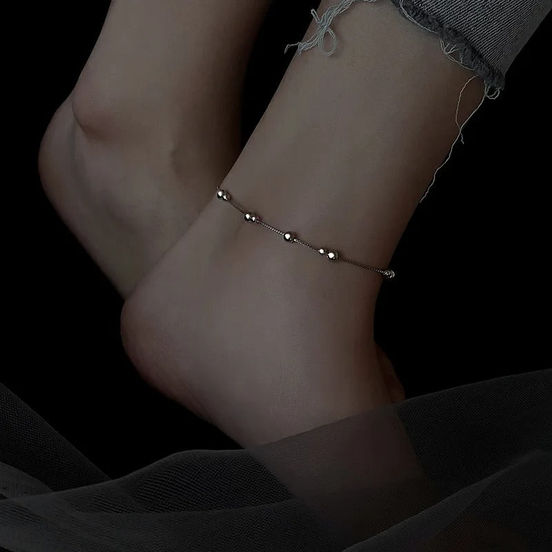 925 Sterling Silver Geometric Bead Anklet Trendy Foot Jewelry for Women