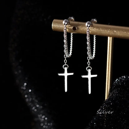 Silver Color Cross Drop Earrings for Women Men Gothic Hip Hop Long Tassel Hanging Earring Jewelry