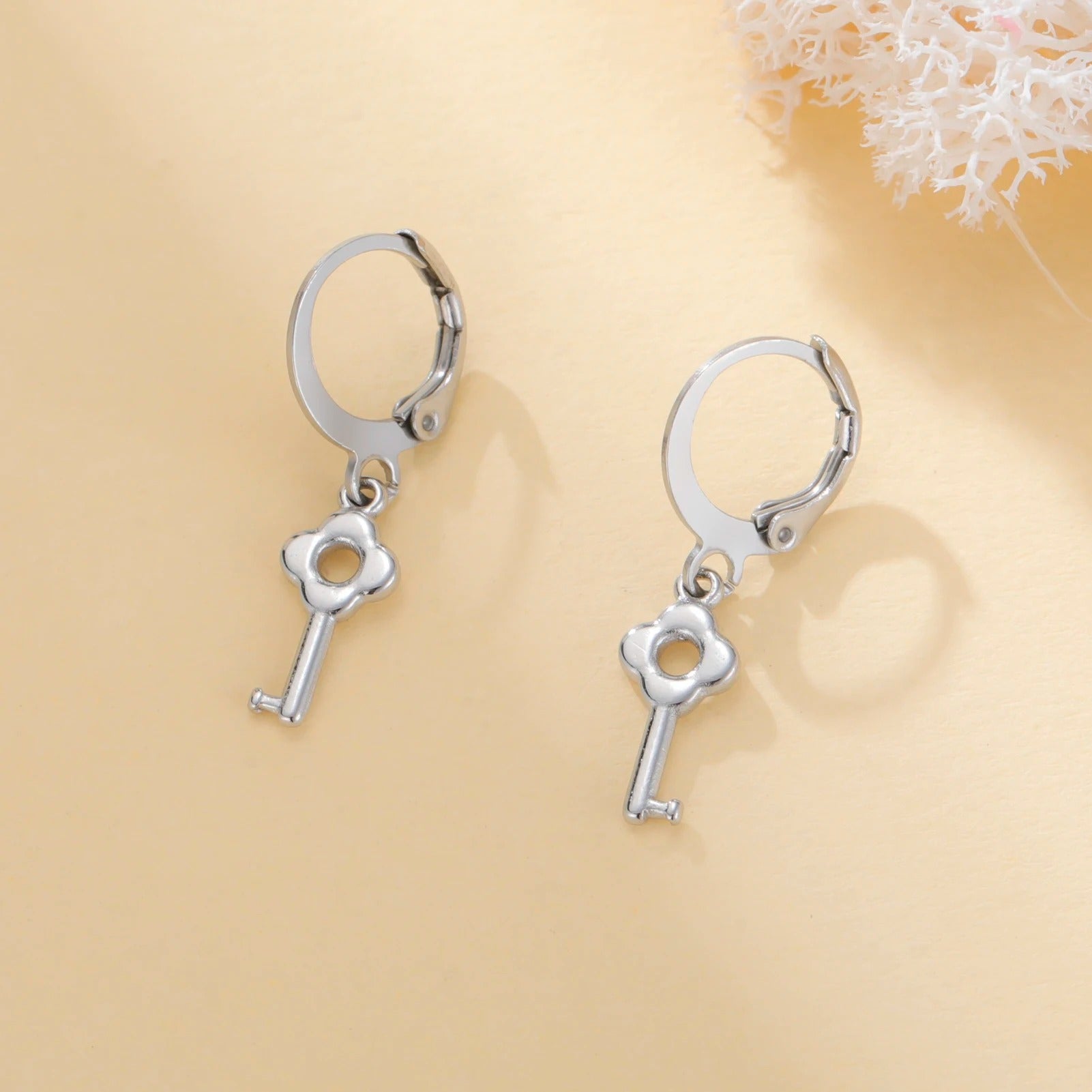 Flower Key Dangle Earrings For Women Girls Stainless Steel Hoop Earrings Delicate Gentle Sweet Style Jewelry Trinket Gift