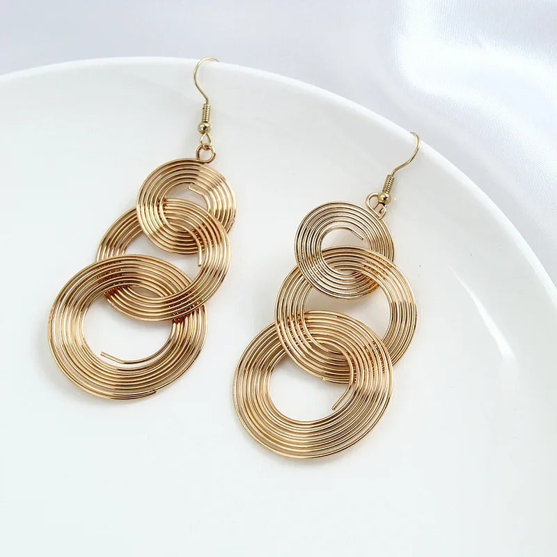 Gold 3 Circle Geometric Long Dangle Earrings Women Boho Jewelry