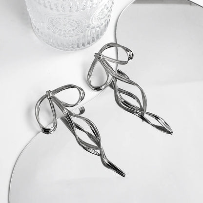 Korean Silver Bow Drop Earrings Women’s Long Elegant Fashion Jewelry