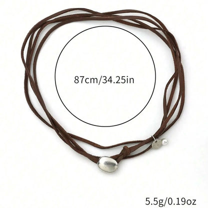 1Pc Retro Round Brand Simple Style Leather Rope Metal Imitation Pearl Brown Silver Color Necklace Woman Party Daily