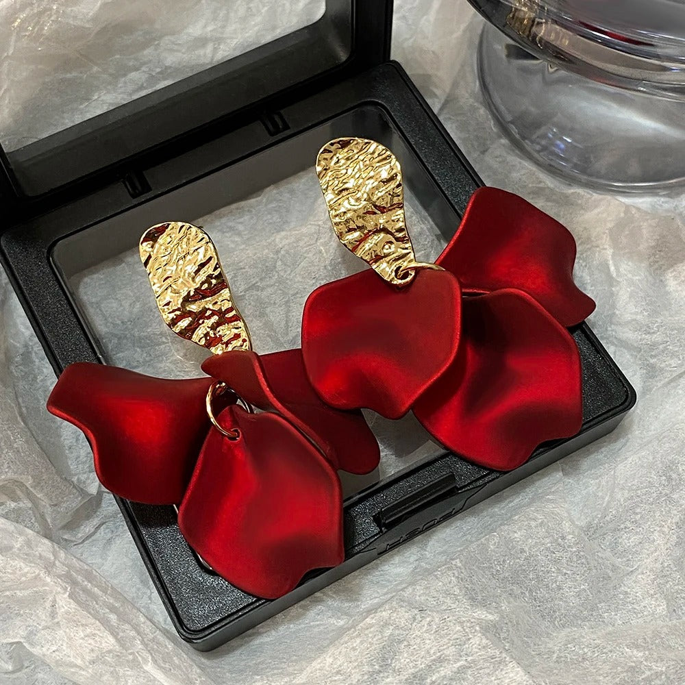 Gold Petal Flower Drop Earrings for Women