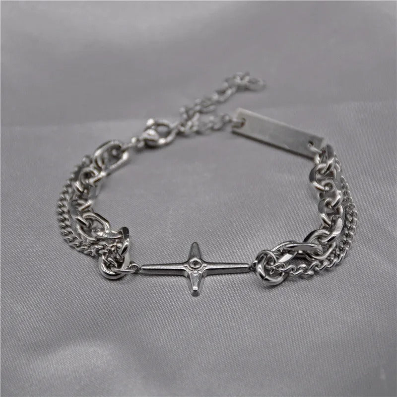 Titanium Steel Star Cross Bracelet Double Layer Hip Hop Unisex Jewelry