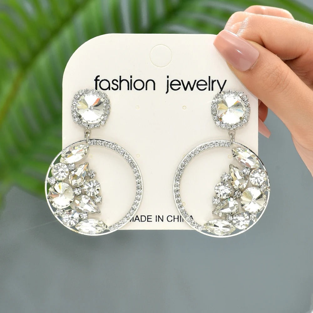 Fashion Rhinestone Hoop Dangle Earrings For Women Trend Luxury High Quality Round Big Pendants Vintage Jewelry Party Accessories