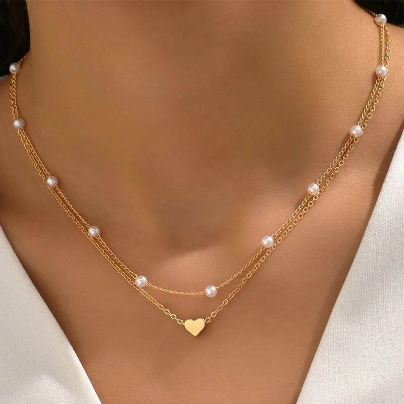 14K Gold Pearl Necklace Set Love Heart Pendant Hypoallergenic Jewelry