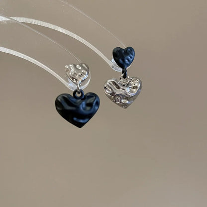 Silver Heart Drop Earrings with Black Double Love for Women