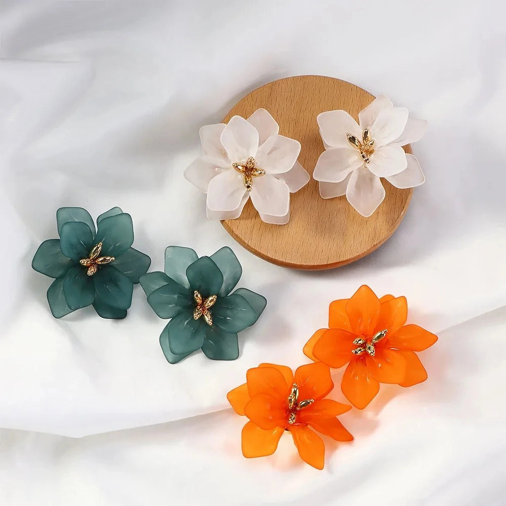 Orange White Green Floral Resin Stud Earrings Women Fashion
