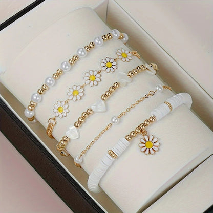4-Pc Vintage Daisy Pearl Bracelet Set for Women Bohemian Style