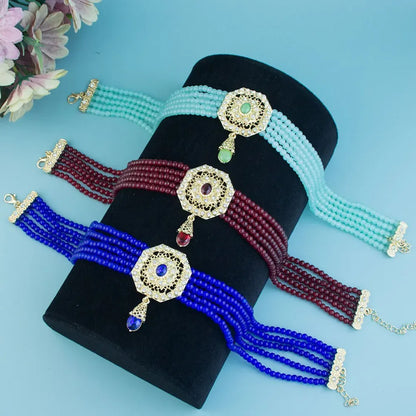 Sunspicems Chic Morocco Jewelry Bead Chain Choker Necklace For Women Gold Color Square Mesh Pendnat Arabic Bridal Wedding Bijoux