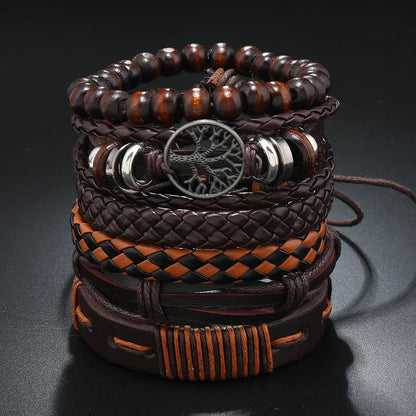 Handmade Wood Bead Wrap Bracelets Men Women Leather Jewelry