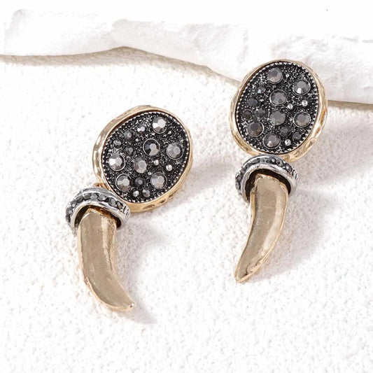 New Vintage Metal Horn Dangle Earrings with Rhinestones Women