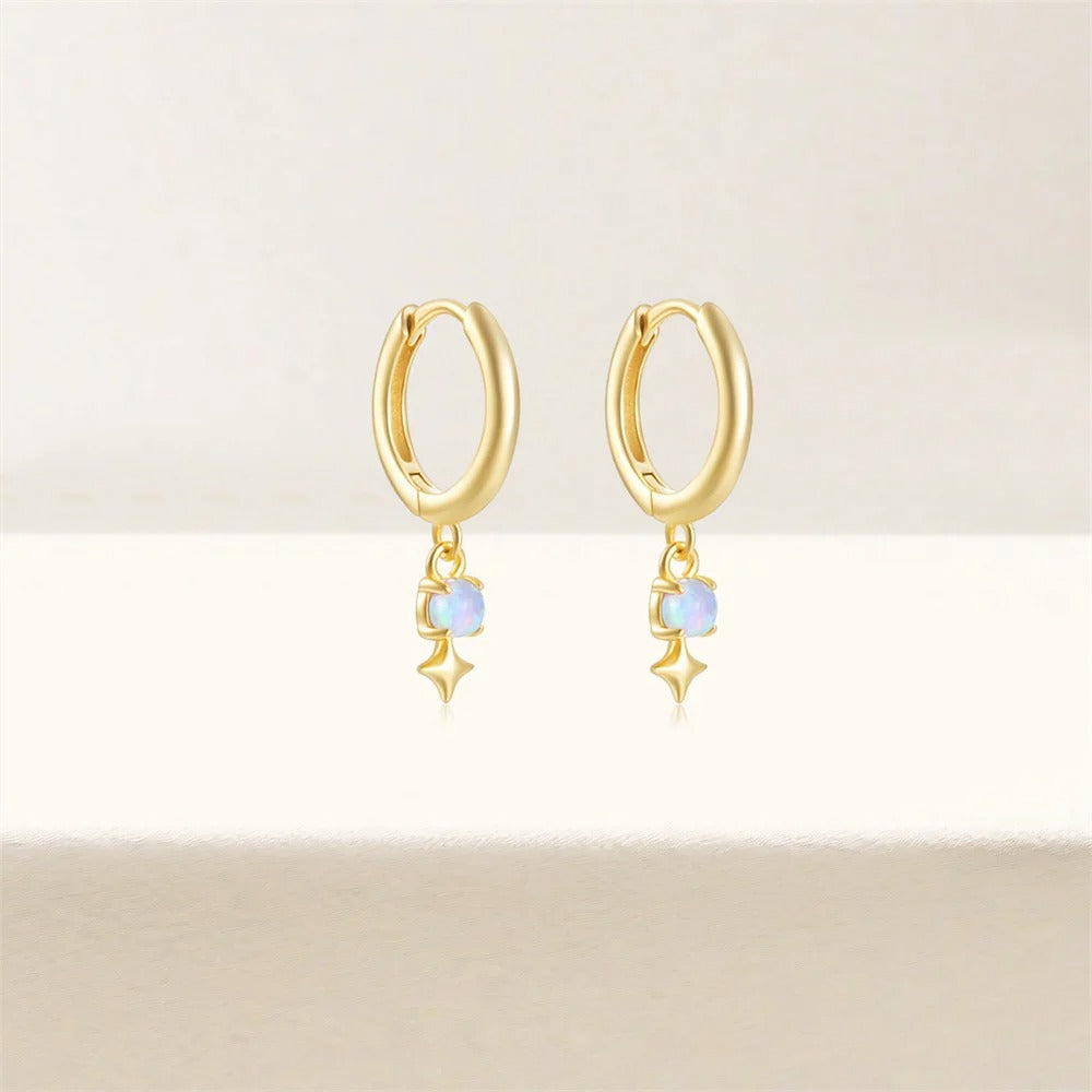 White Opal Drop Hoop Earrings 925 Sterling Silver for Women