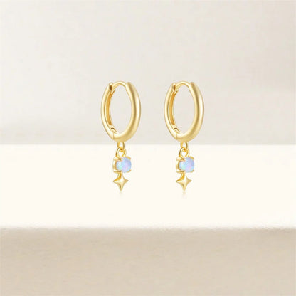 White Opal Drop Hoop Earrings 925 Sterling Silver for Women
