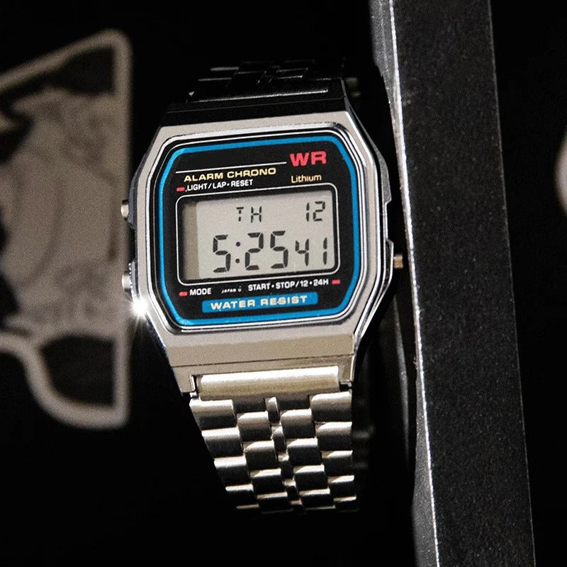 Luxury Gold & Silver Retro LED Digital Watch – Unisex Sports Military Wristwatch with Steel Band