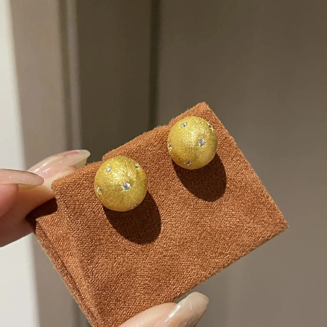 Cute Gold Round Ball Stud Earrings Inlaid with Small Zircon Women