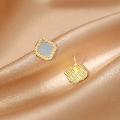 Women’s Enamel Blue Square Pearl Stud Earrings Trendy Gift Jewelry