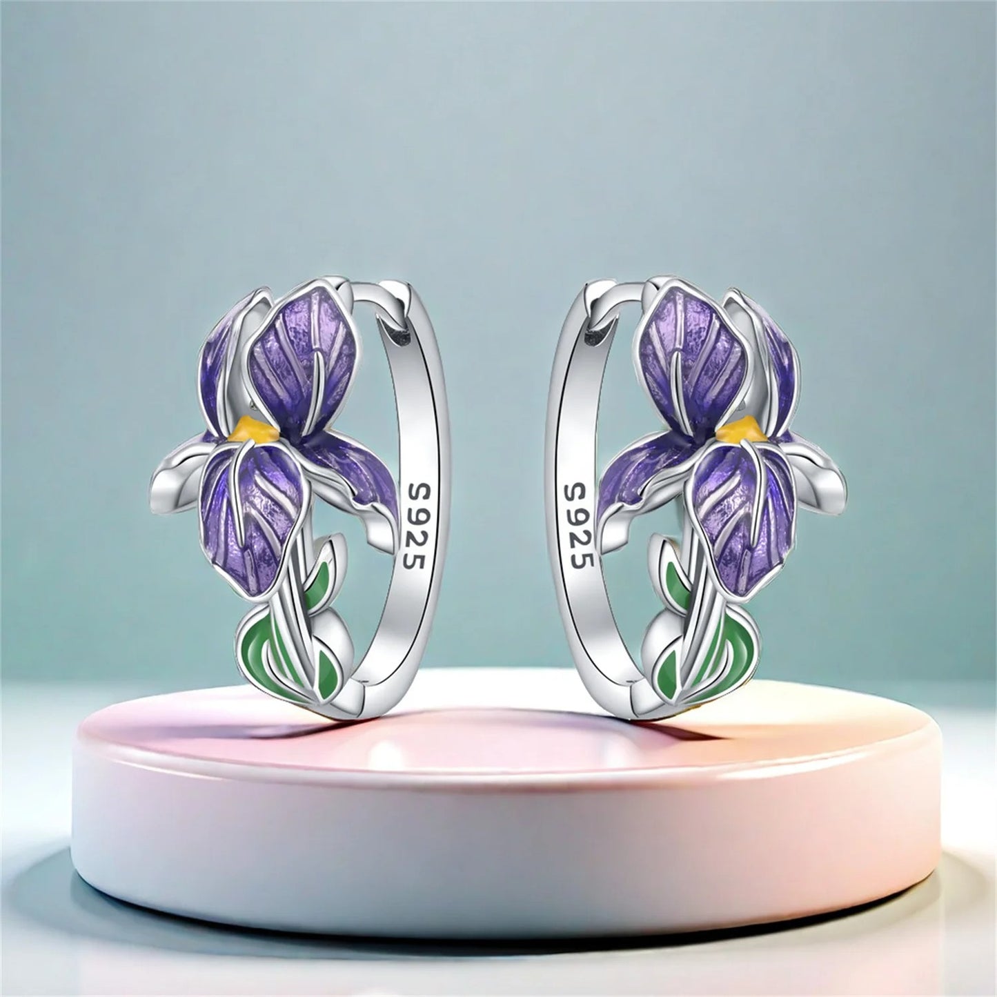 925 Sterling Silver Purple Flower Hoop Earrings for Women