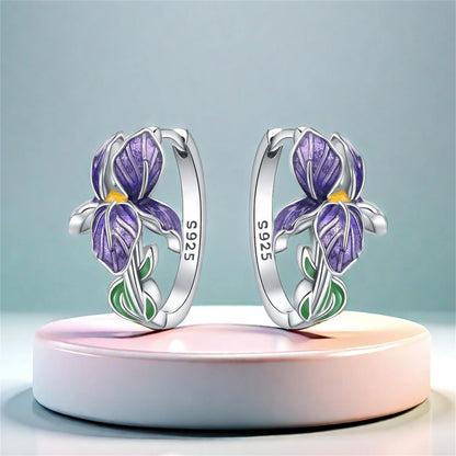 925 Sterling Silver Purple Flower Hoop Earrings for Women