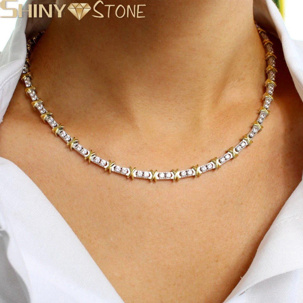 Iced Out Cross X Necklace Gold & Silver 3MM CZ Tennis Chain for Women