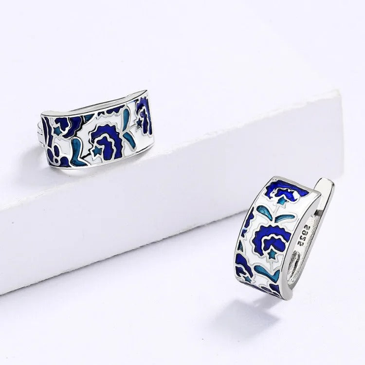 Classic Handmade Blue Enamel Earrings Women Flower Shape Jewelry
