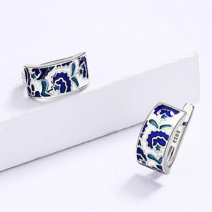 Classic Handmade Blue Enamel Earrings Women Flower Shape Jewelry