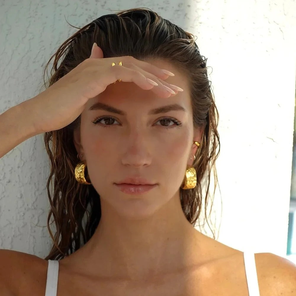 Vintage Gold Hammered Hoop Earrings Wide C Shape Statement