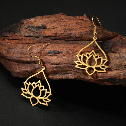 Hollow Lotus Drop Earrings Women Stainless Steel Yoga Jewelry