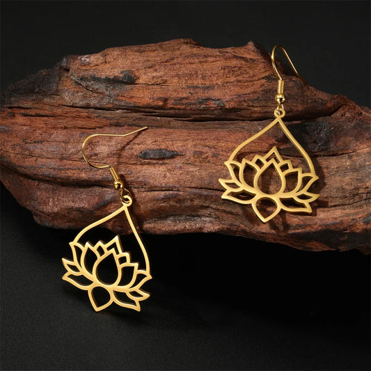 Hollow Lotus Drop Earrings Women Stainless Steel Yoga Jewelry