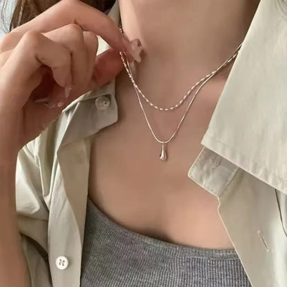 Charm Double Layer Water Drop Pendant Necklace Jewelry for Women Cute Cool Silver Color Clavicle Chain Jewelry
