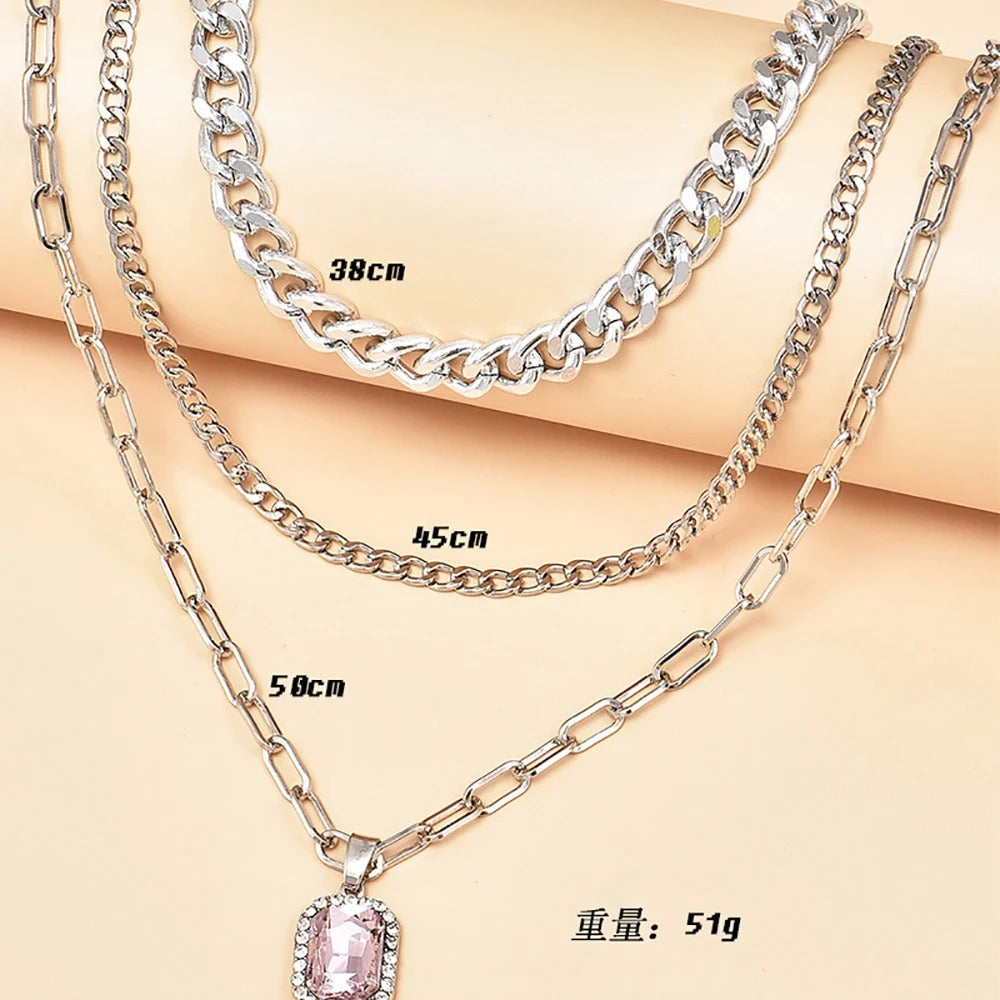 New Silver Color Multi-layer Chain Rectangular Crystal Pendant Necklaces For Women Female Necklace Jewelry Gift