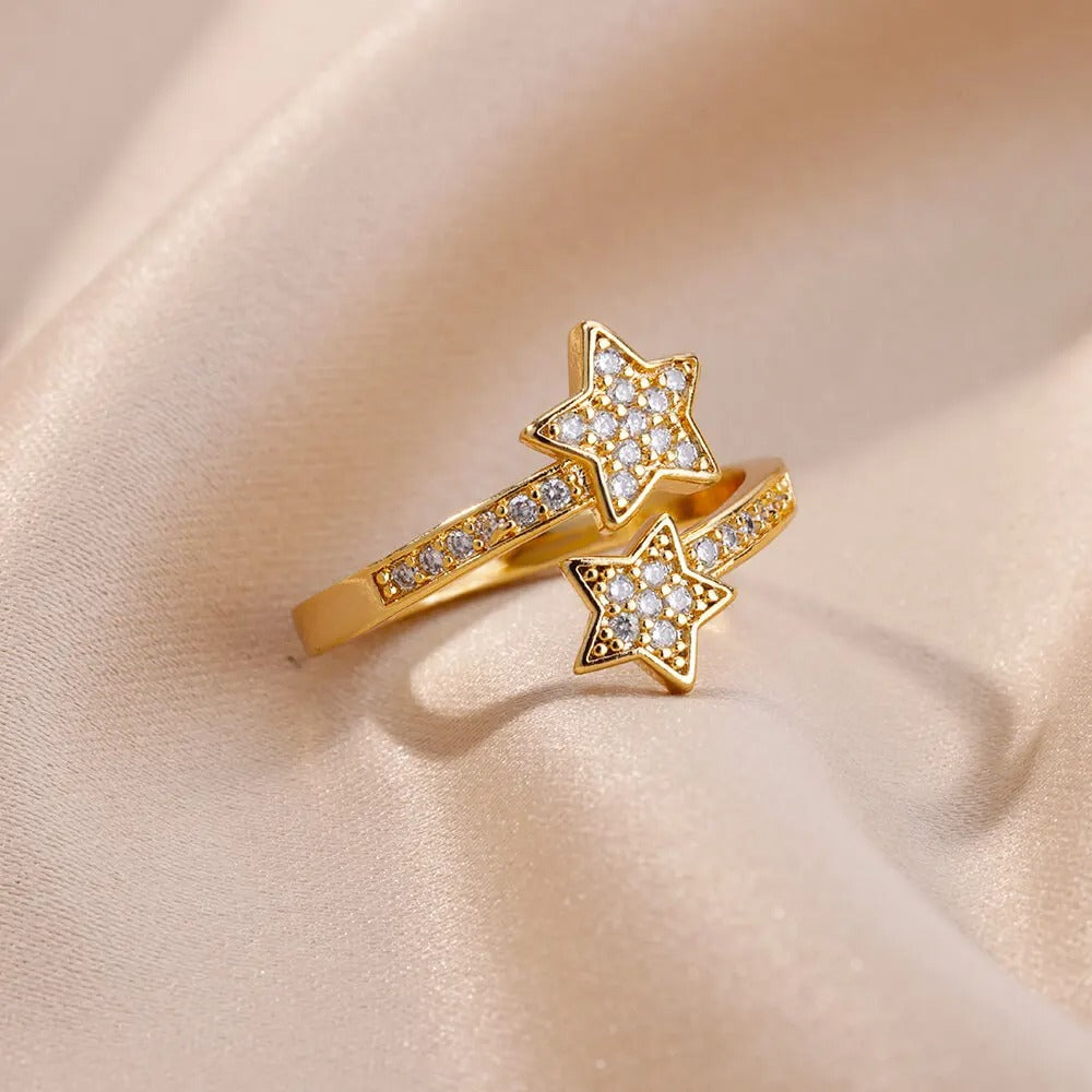 Zircon Double Star Ring Trendy Y2K Gold Stainless Steel Jewelry for Women & Girls 2025