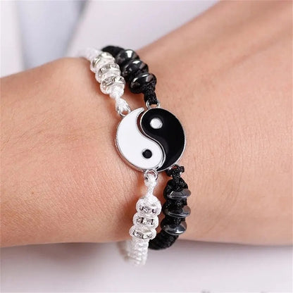 2-Pc Black & White Tai Chi Couple Bracelets Adjustable Rope Jewelry