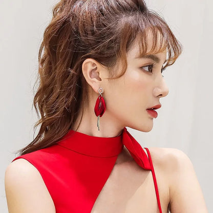 Rose Petal Long Earrings Japan Korea Trendy Star Jewelry